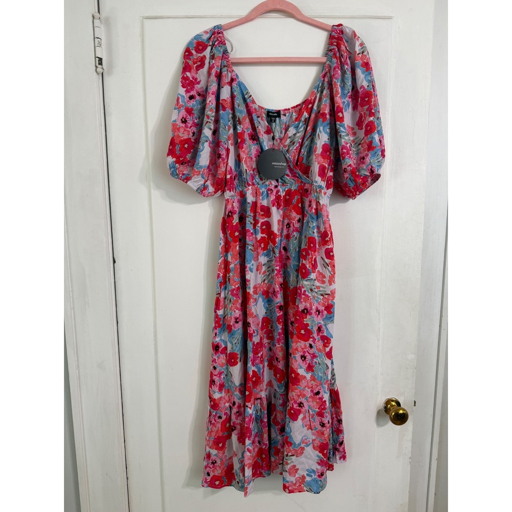 Mittoshop Floral Puff Sleeve Midi Dress Pink Blue Smocked Waist NWT Size M